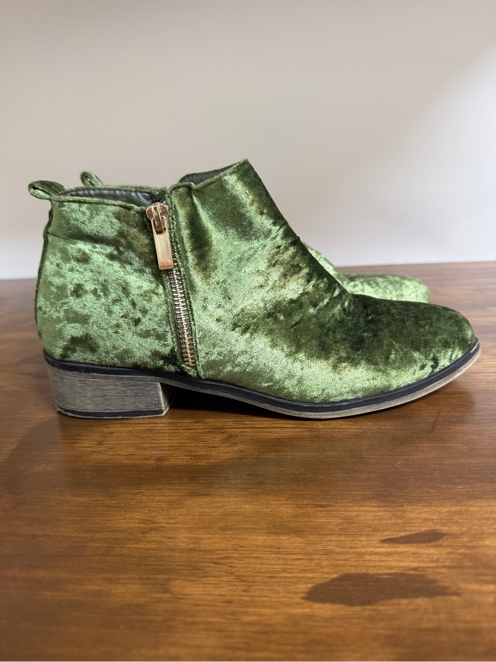 Crushed Green Velvet Ankle Booties Bamboo